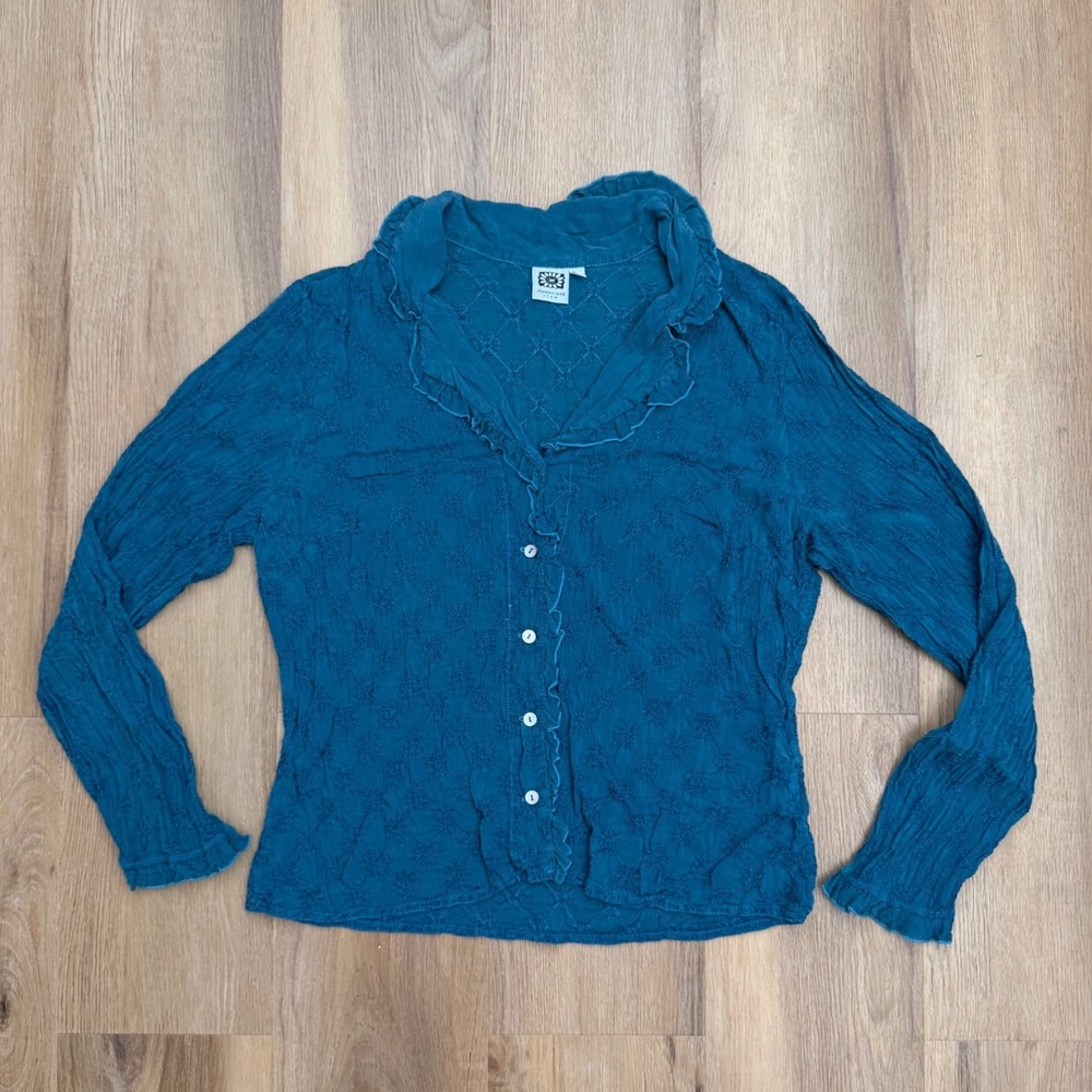 Johnny Was Item Teal Blue Embroidered Crinkle fairy Ruffle Blouse XL vintage - Picture 2 of 8